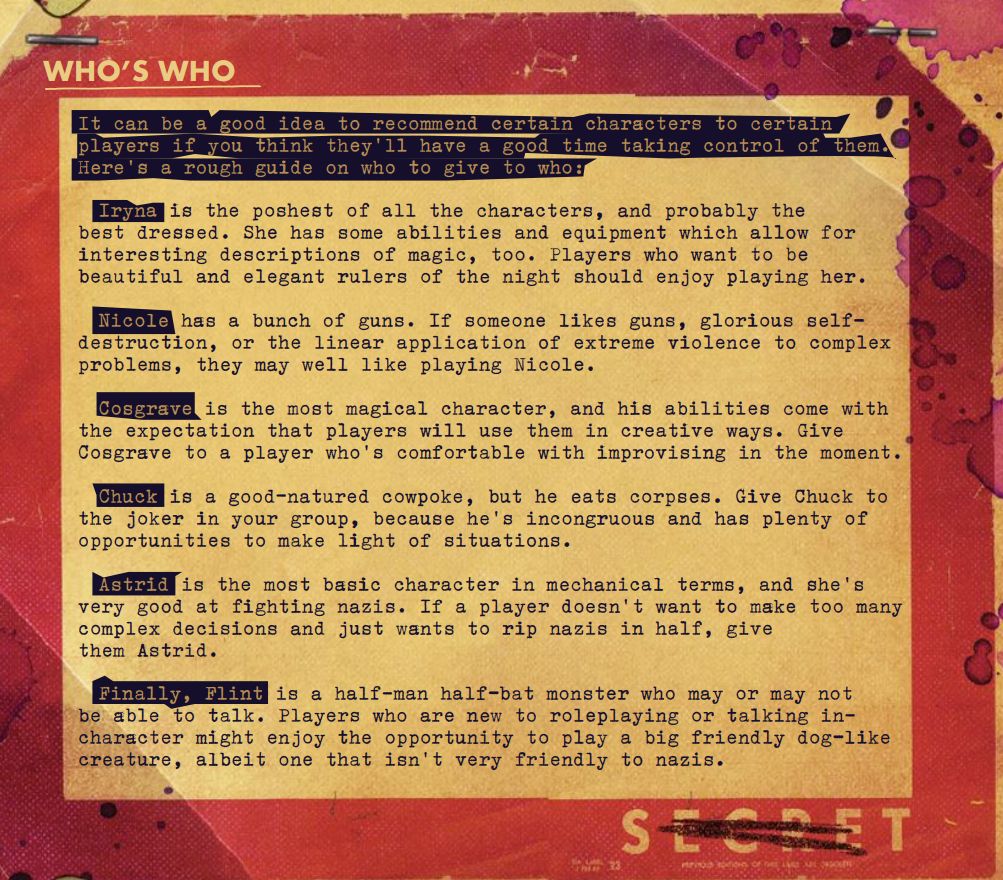 A section from the Eat the Reich rulebook describing who each character is best suited for