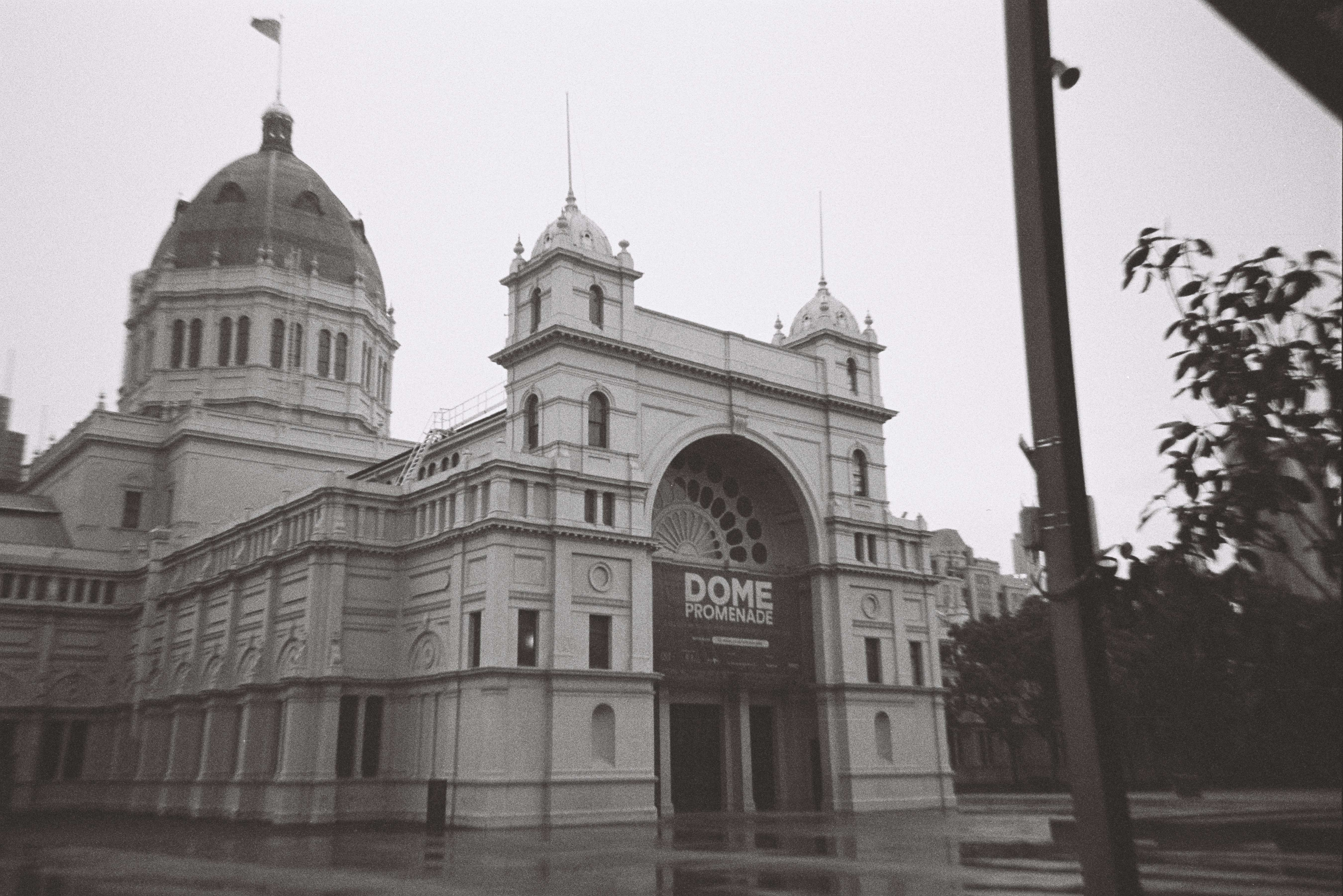 black and white photo of an old melbourne building with noticable film grain