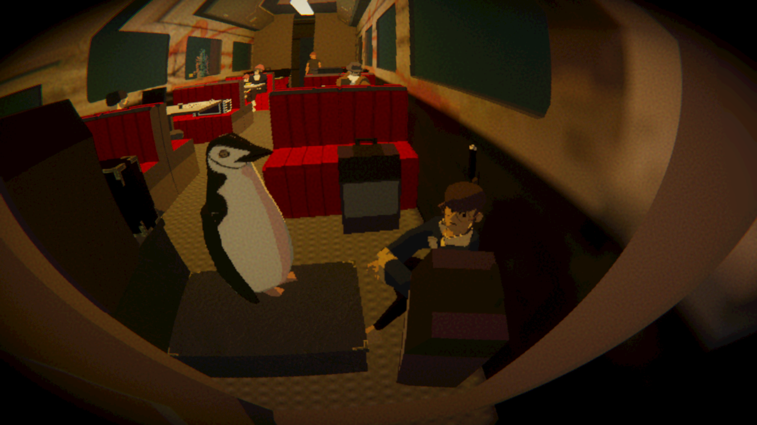Picture taken in the game Umugrangi Generations, fisheye photo taking in a train carrige with a young woman and a penguin looking up at you