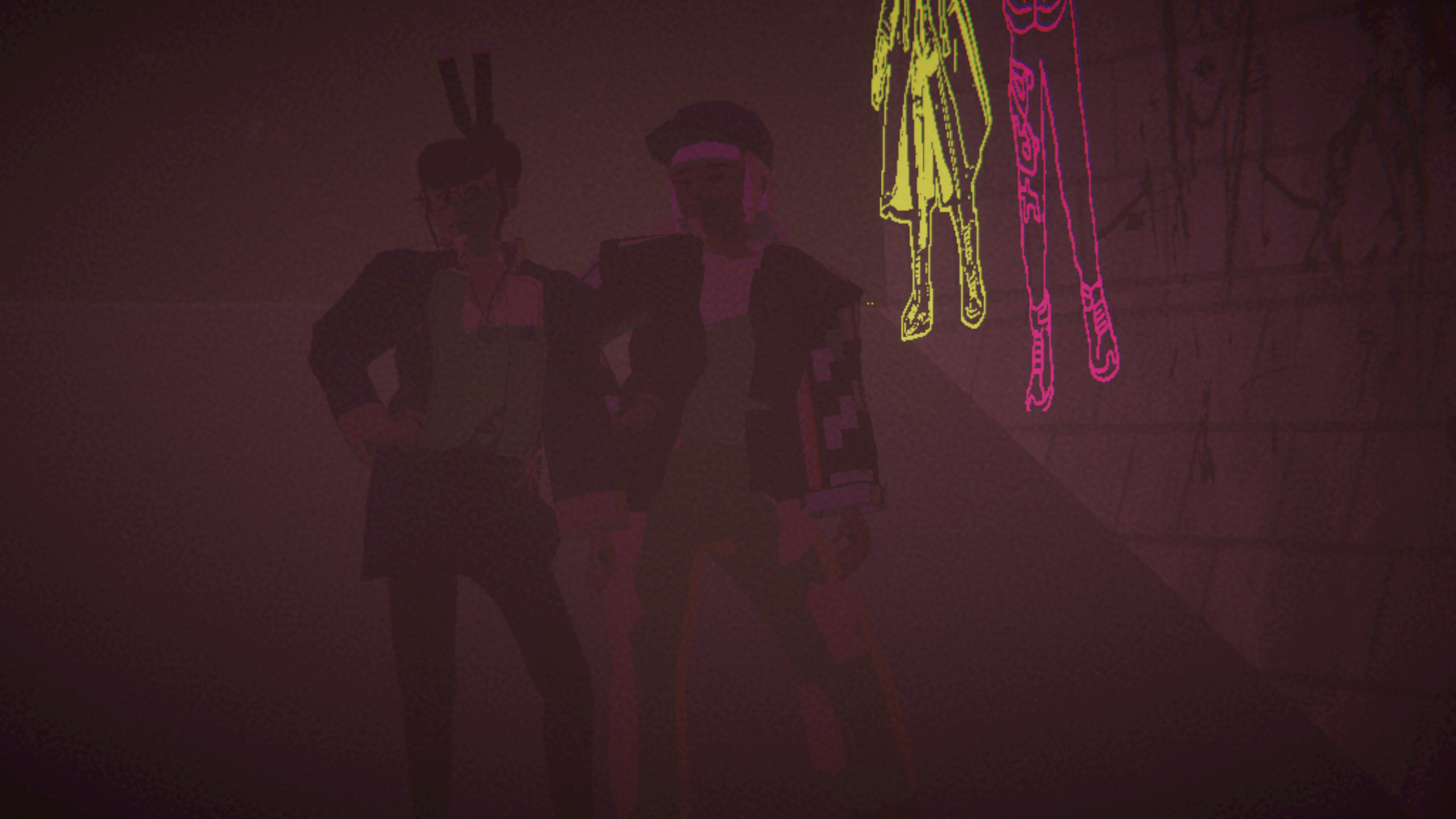 Picture taken in the game Umugrangi Generations, two women are posing in from of some grafetti, echoing the pose of the art