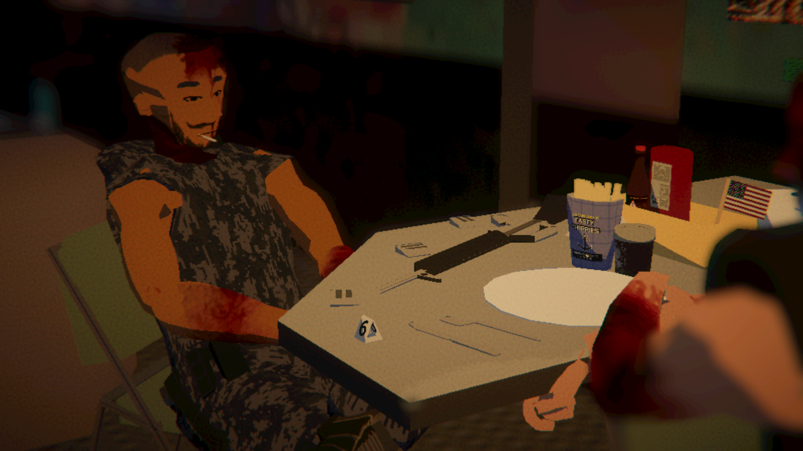 Picture taken in the game Umugrangi Generations, a soldior in from of a table looking sad, his rifle and a box of fries in front of him