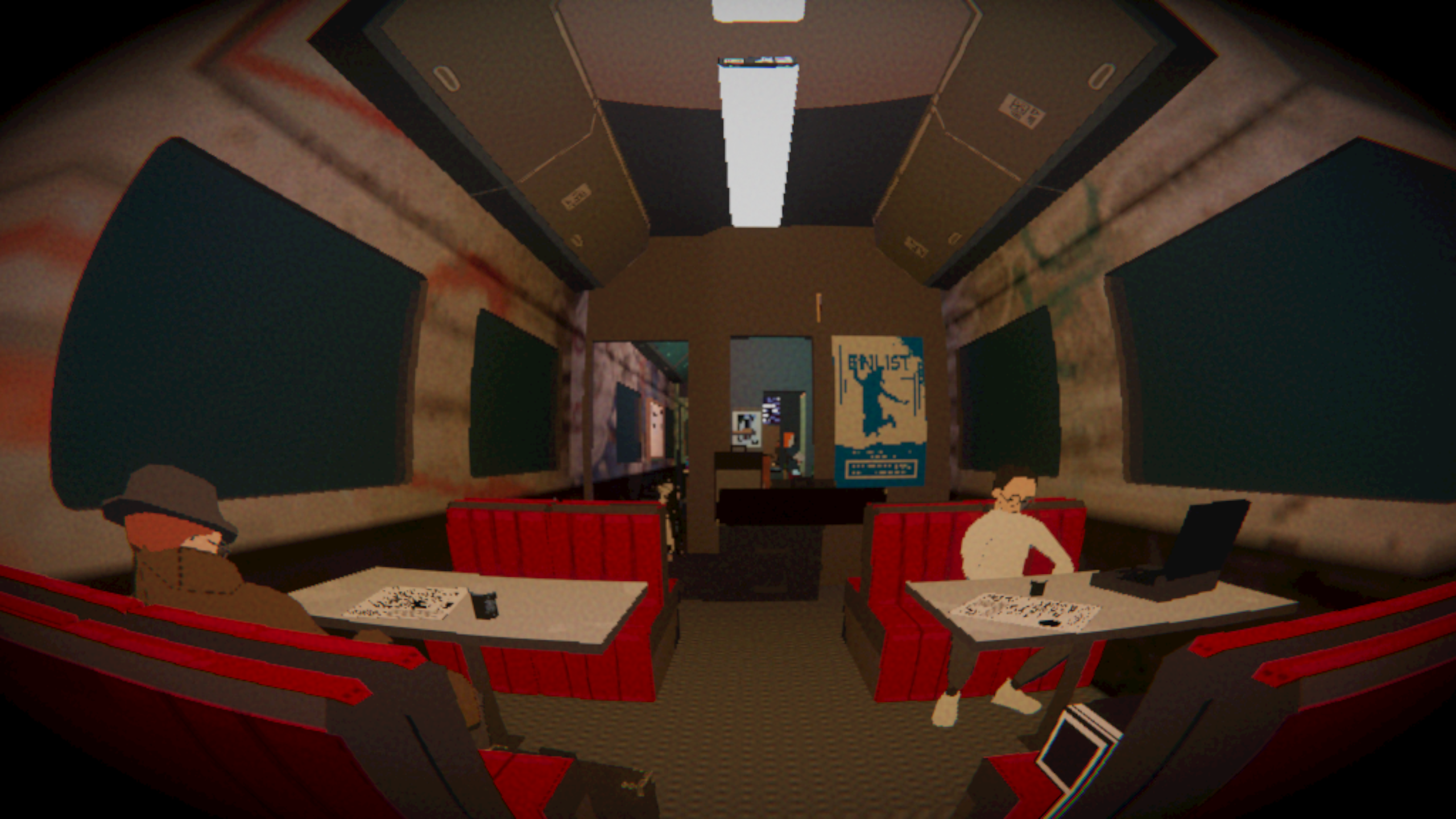 Picture taken in the game Umugrangi Generations, photo is inside a train carrige with a fisheye effect, alowing you to see the entire scene at once